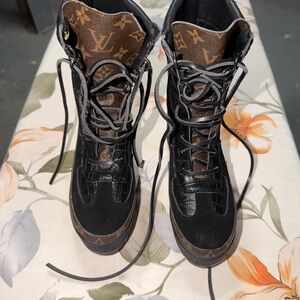 Louis Vuitton Black and Brown Monogram Lace-Up Boots